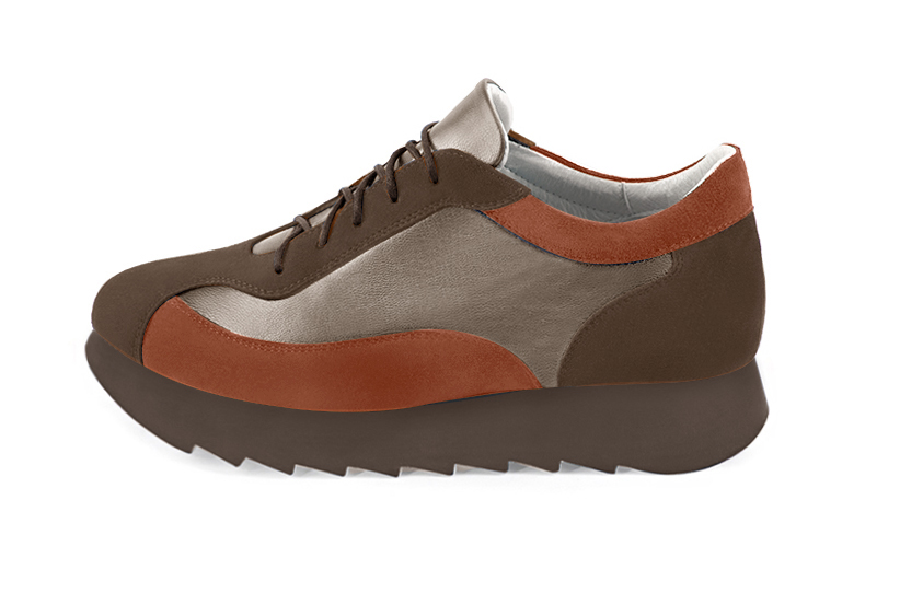 Chocolate brown, bronze gold and terracotta orange women's elegant sneakers. Round toe. Low rubber soles. Profile view - Florence KOOIJMAN